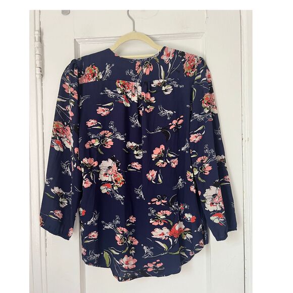 FUN2FUN Blouse Kinny Split Neck Women's Size S Navy Blue Floral Top 3/4 Sleeve - Picture 5 of 7